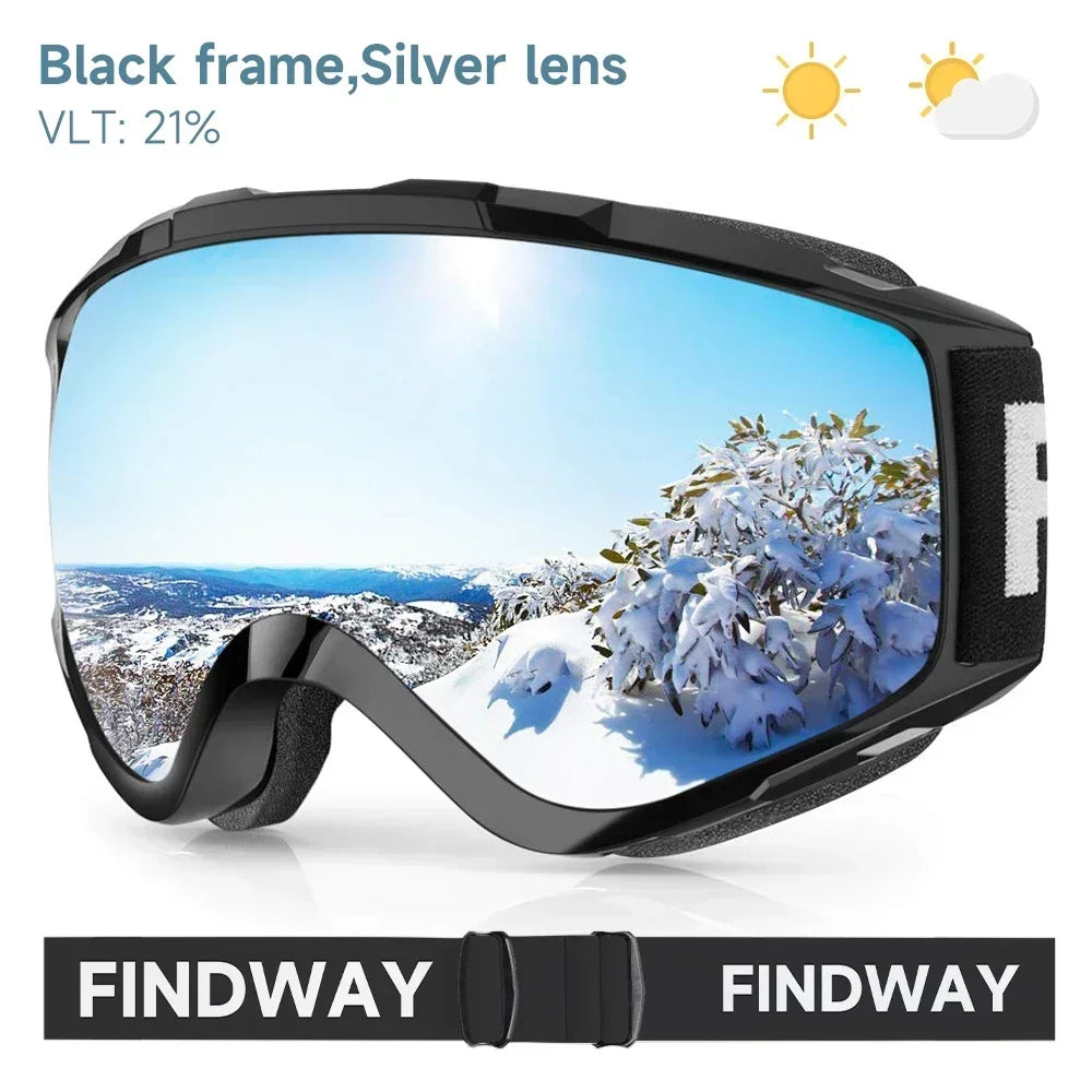 Findway Adult Ski Goggles Double Layer Len Anti-fog 100% Anti-UV OTG Design & Snow Goggles for Youth Outdoor Skiing