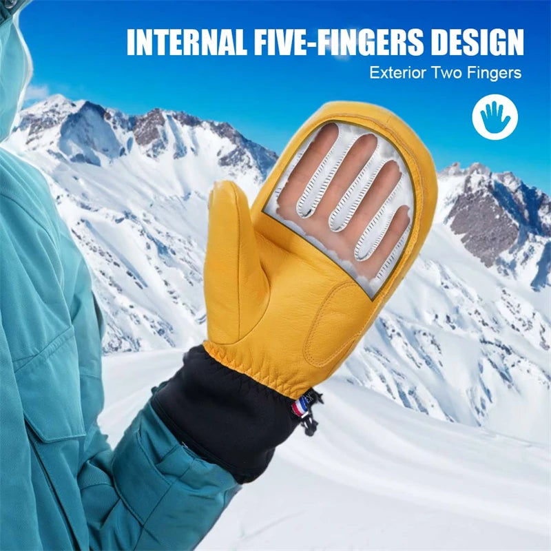 ski Gloves Leather Snowboard Mittens Men Women Skiing Snowmobile Snow Sports Winter Thermal Gloves Waterproof Windproof