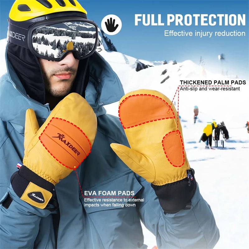 ski Gloves Leather Snowboard Mittens Men Women Skiing Snowmobile Snow Sports Winter Thermal Gloves Waterproof Windproof