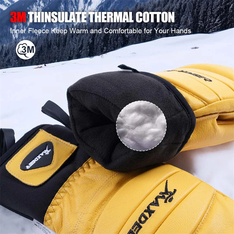 ski Gloves Leather Snowboard Mittens Men Women Skiing Snowmobile Snow Sports Winter Thermal Gloves Waterproof Windproof