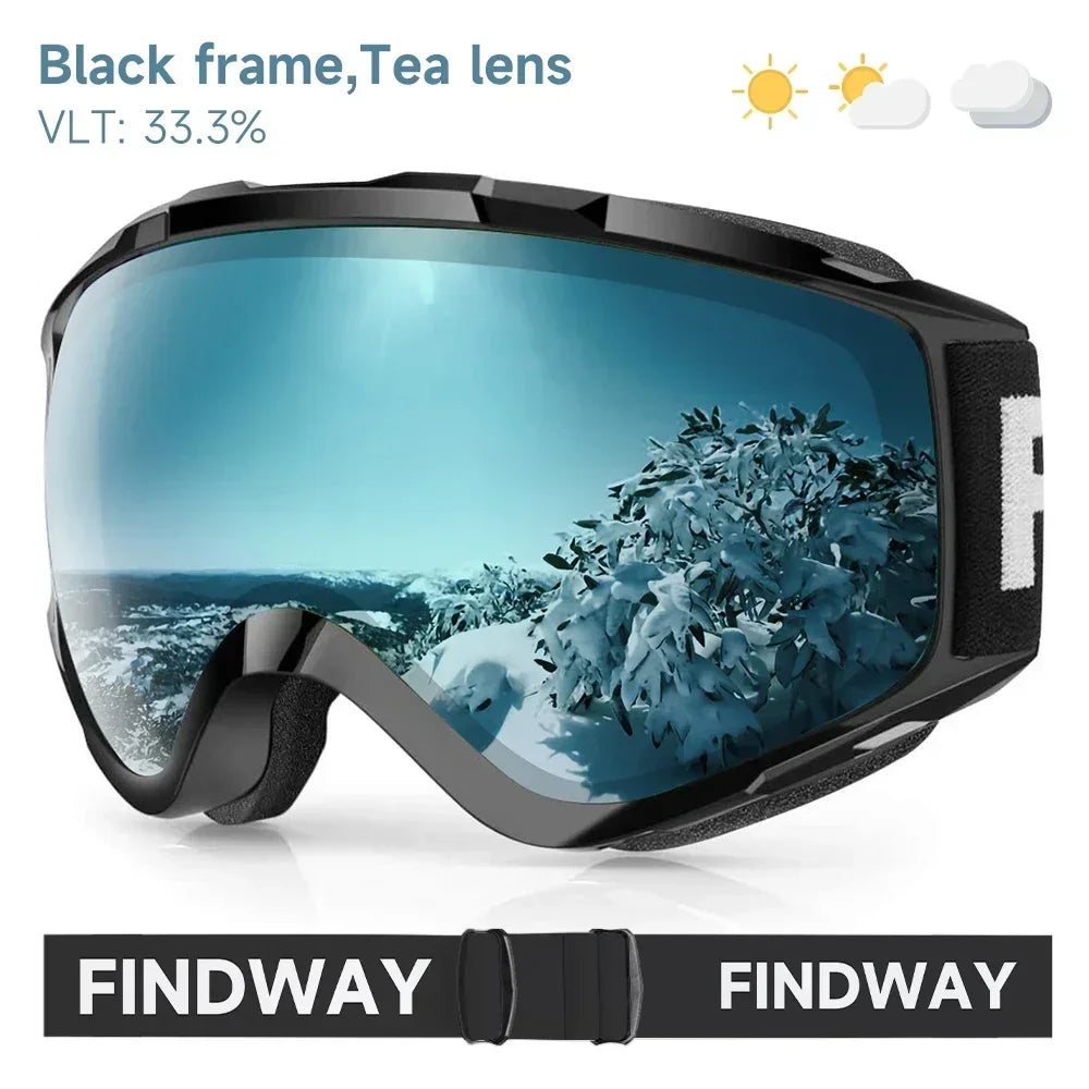 Findway Adult Ski Goggles Double Layer Len Anti-fog 100% Anti-UV OTG Design & Snow Goggles for Youth Outdoor Skiing