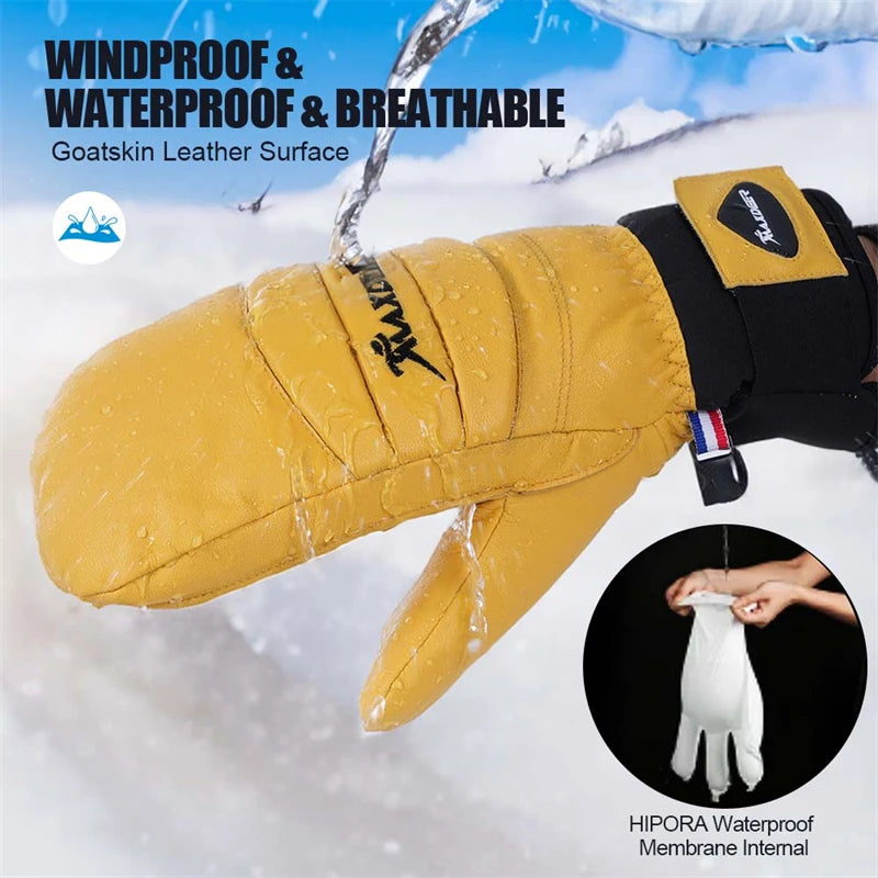 ski Gloves Leather Snowboard Mittens Men Women Skiing Snowmobile Snow Sports Winter Thermal Gloves Waterproof Windproof